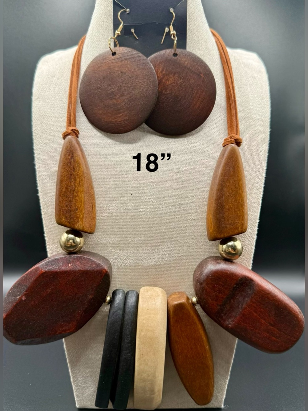 Wooden Statement Necklace and Earring Set - Brown